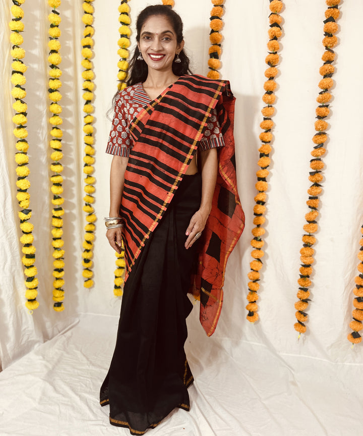 Black red hand block bagru print chanderi sico saree