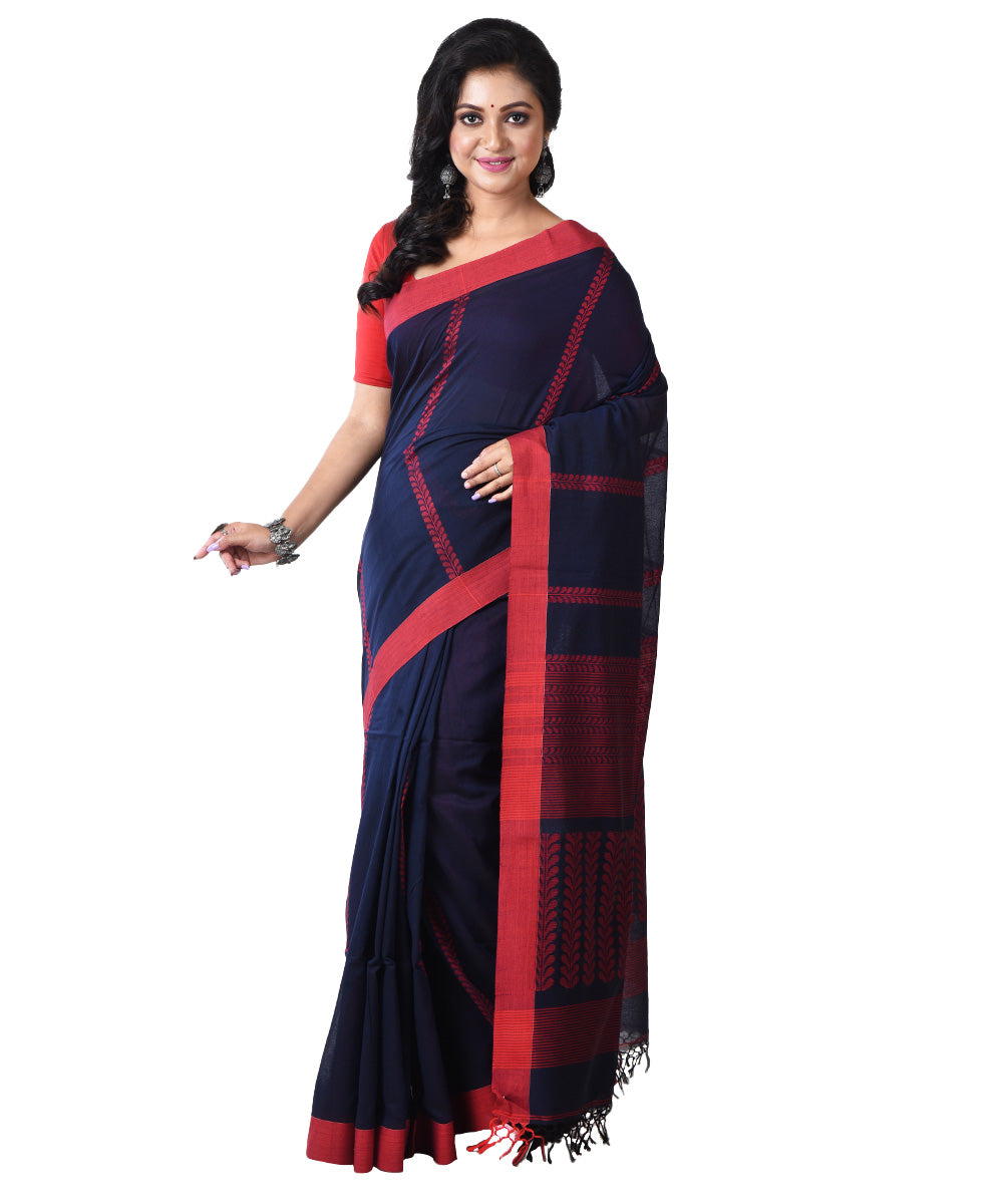 Navy blue red handloom cotton shantipuri saree