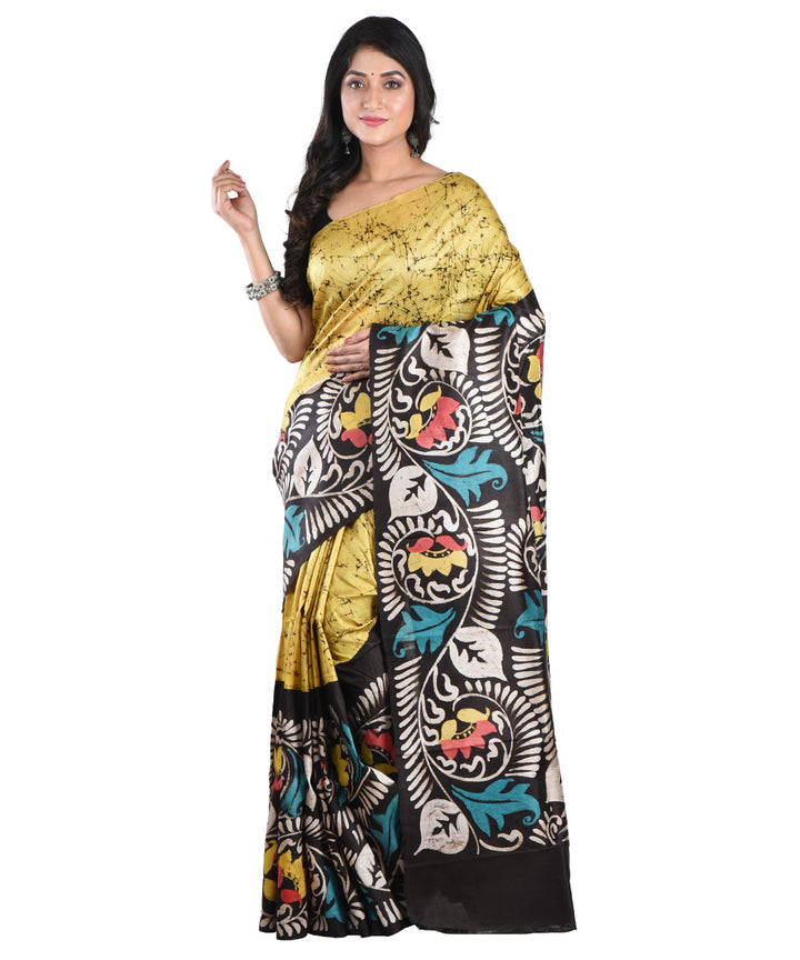 Yellow multicolor handloom silk batik print saree