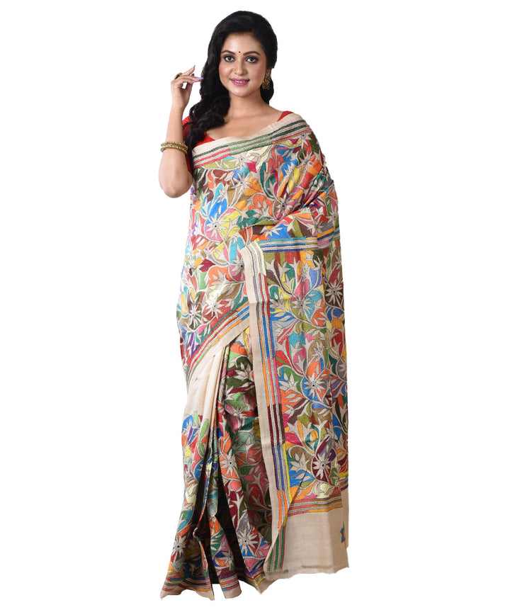 Beige all over tussar silk hand kantha stitched saree