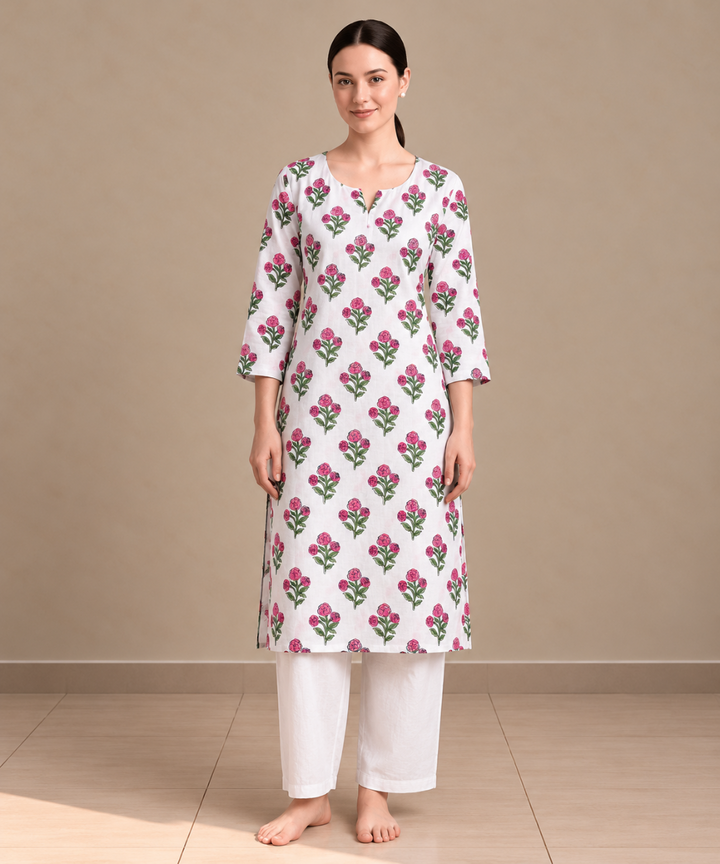 Pink white hand block printed pure cotton kurti