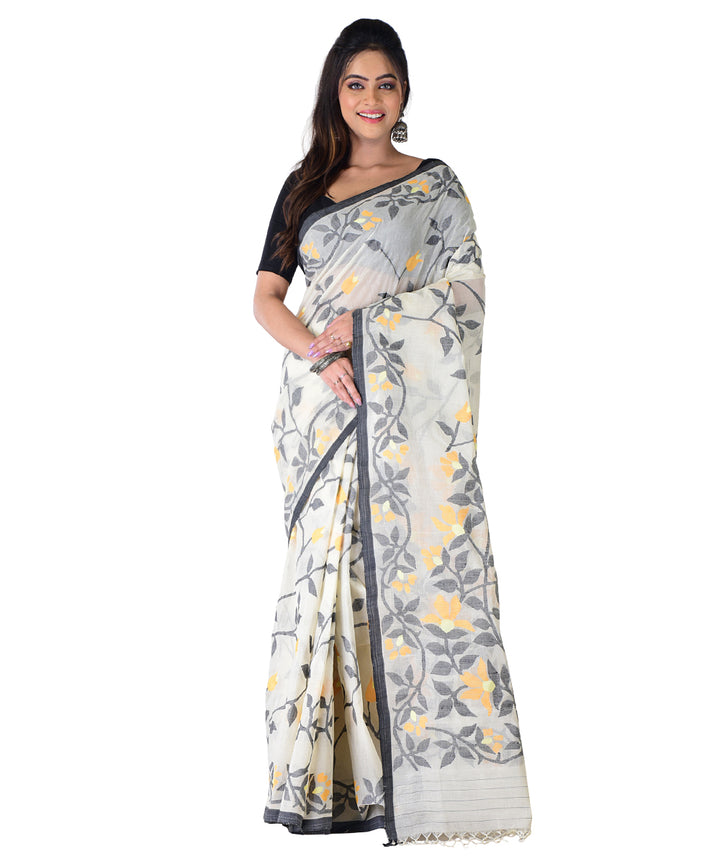 White multicolor hand woven cotton saree
