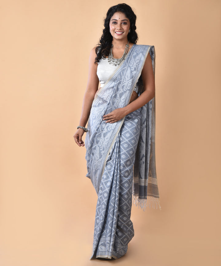 Lavender offwhite cotton handwoven jamdani saree