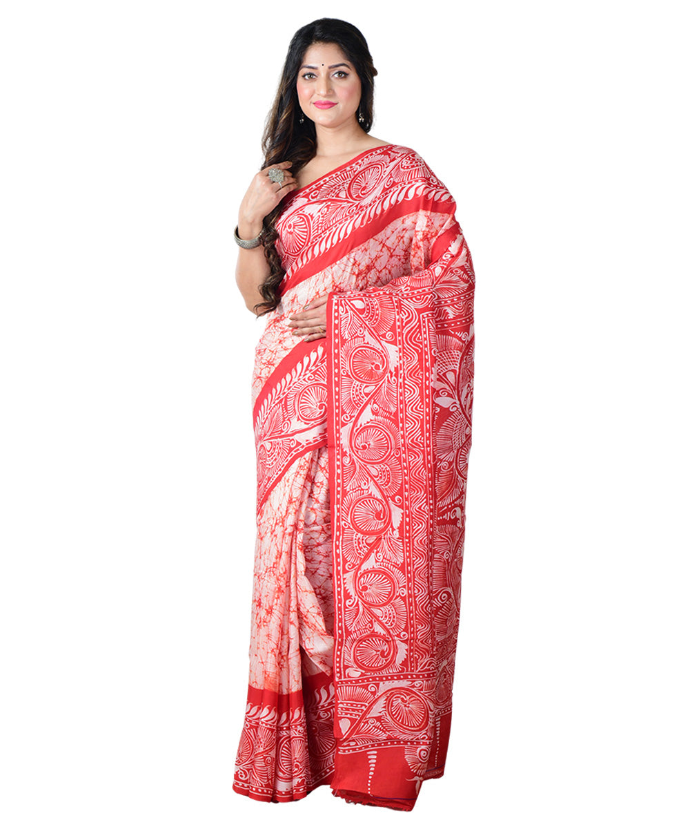 Red white batik print handprinted silk saree