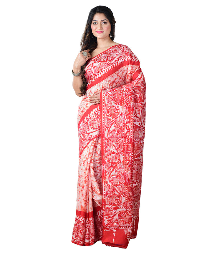 Red white batik print handprinted silk saree