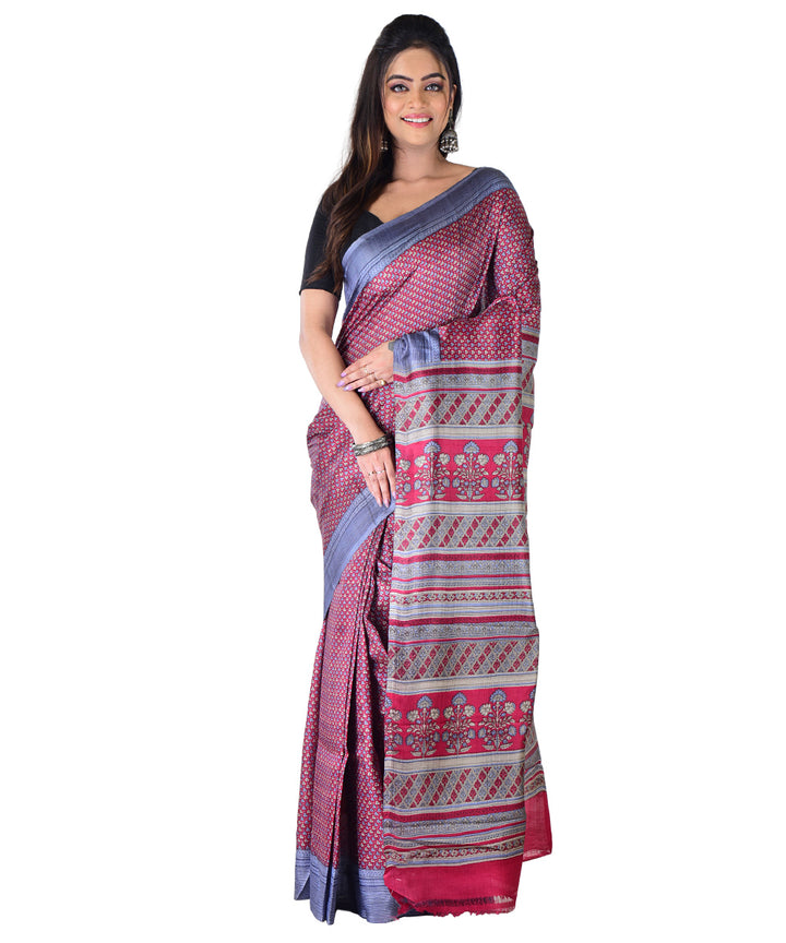 Maroon multicolor hand printed silk saree
