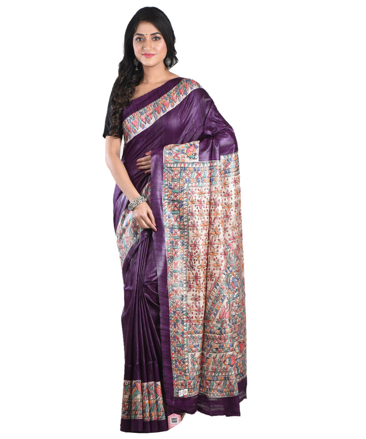 Purple multicolor handwoven tussar silk madhubani painting saree
