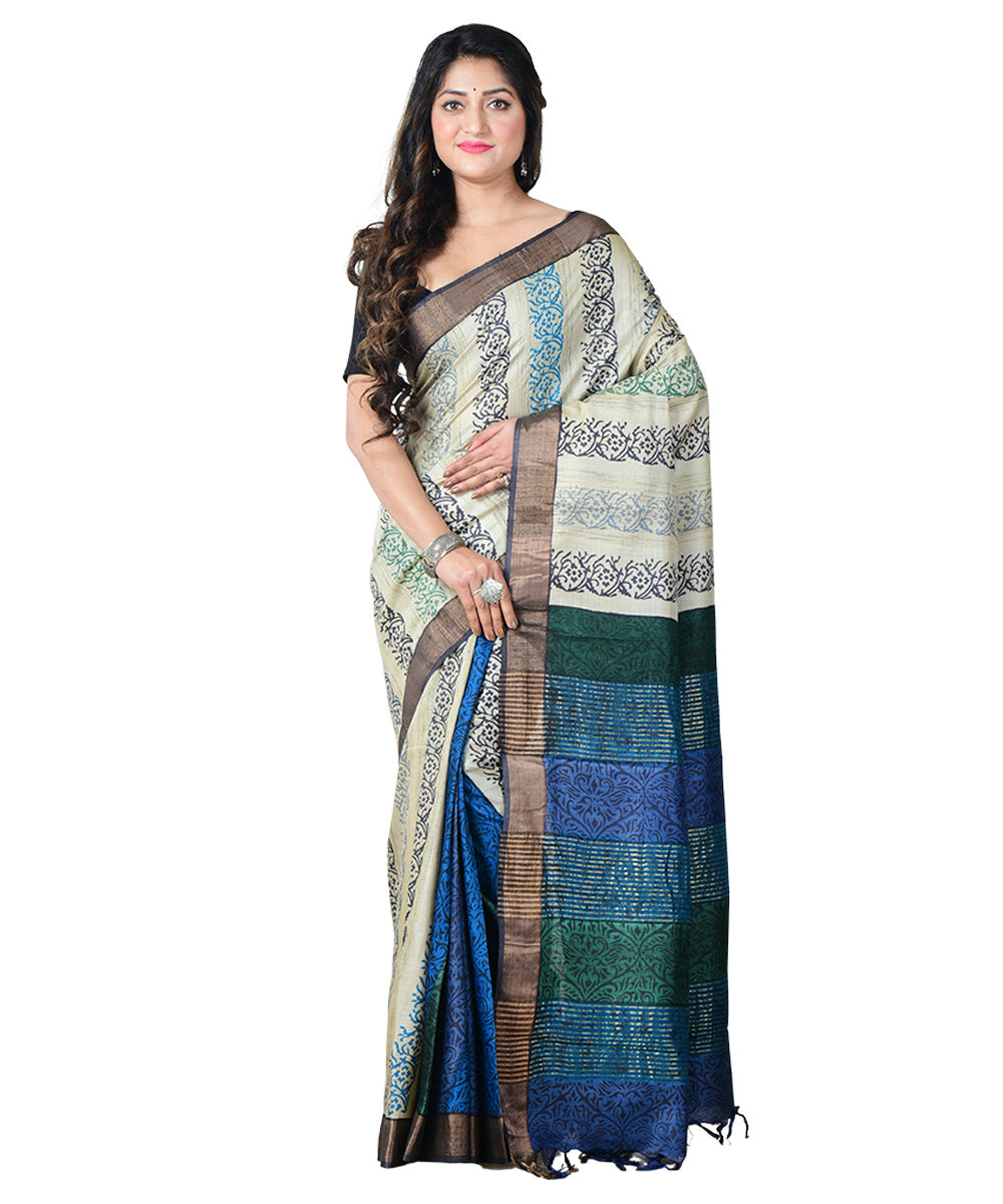 Beige multicolor batik print handprinted tussar silk saree