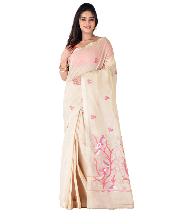 Beige red handwoven cotton saree