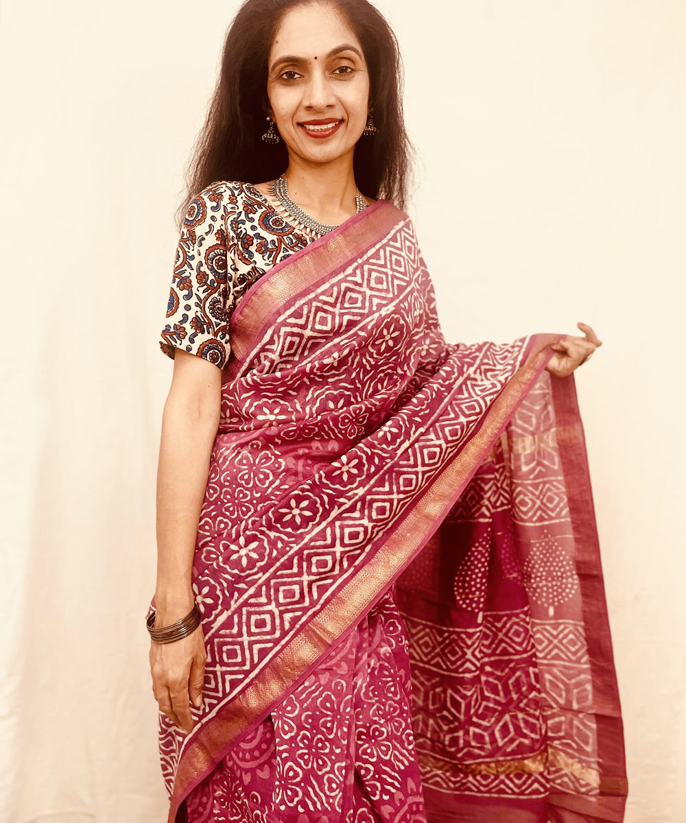 Onion pink hand block bagru printed maheswari sico saree