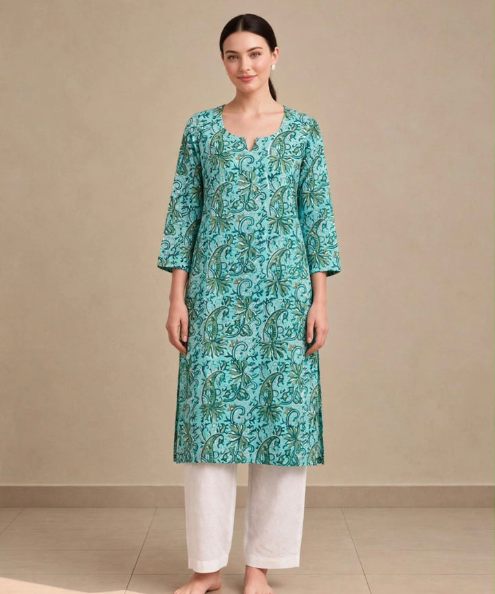Turquoise and green hand block printed pure cotton kurti
