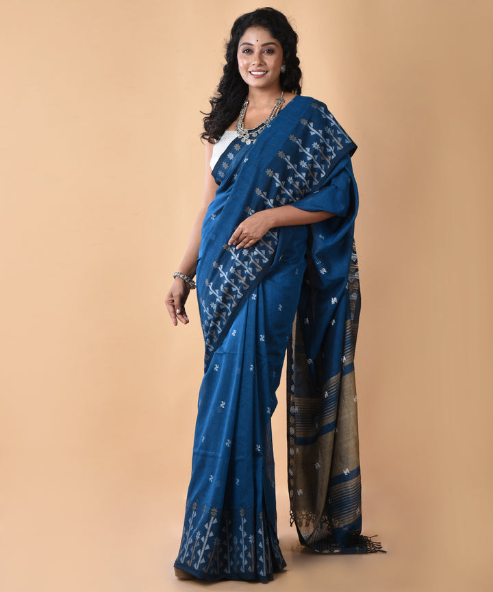 Royal blue cotton handwoven jamdani saree