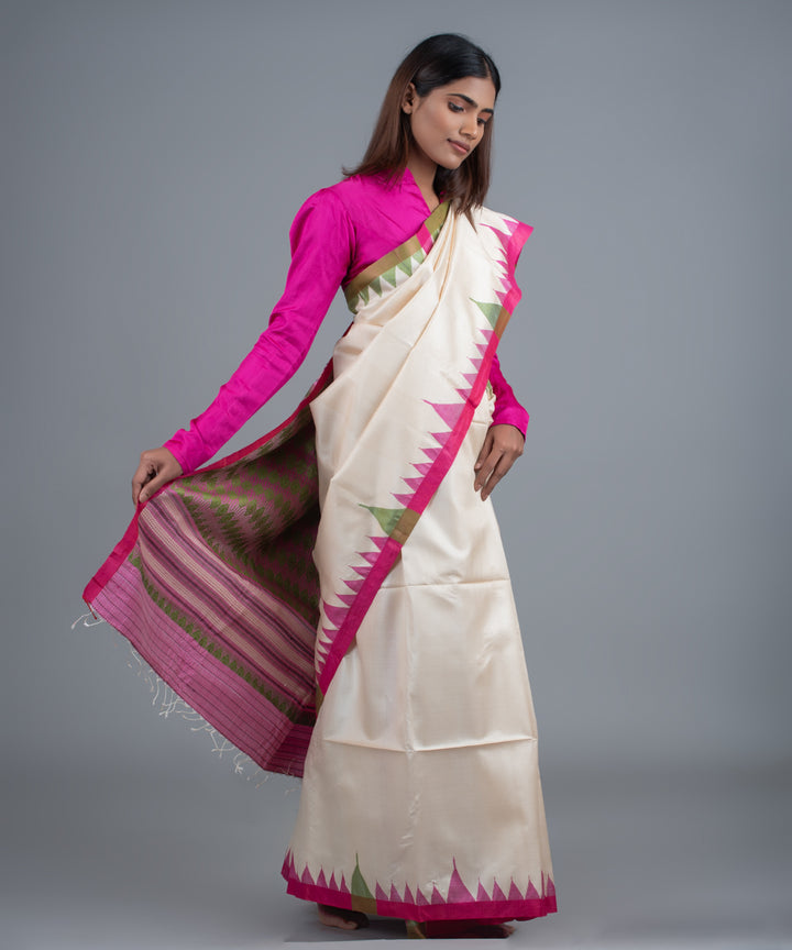 Cream pink handwoven gopalpur jala border tussar saree