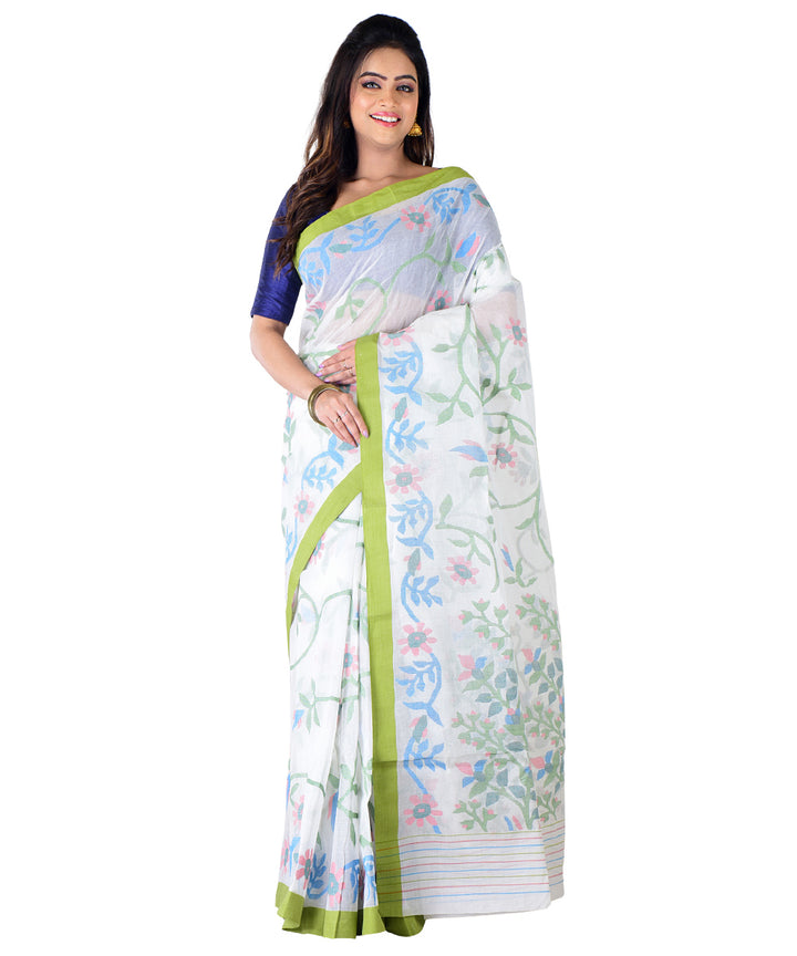 White sky blue multicolor handwoven cotton saree