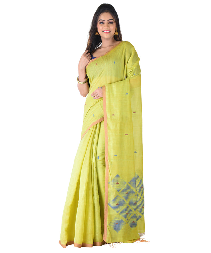 Lime green multicolor handwoven cotton silk saree