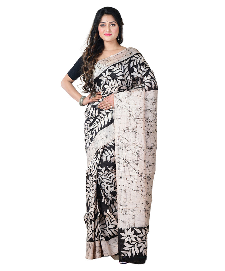 Black white batik print handprinted silk saree