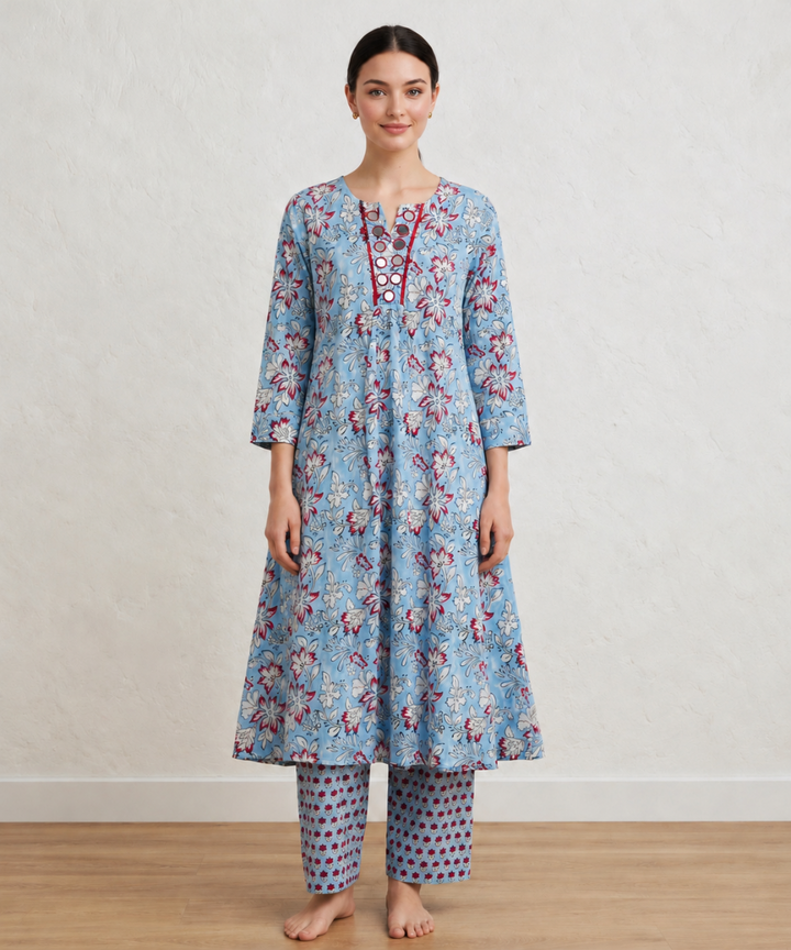 Aqua blue hand block printed A line pure cotton Kurta set