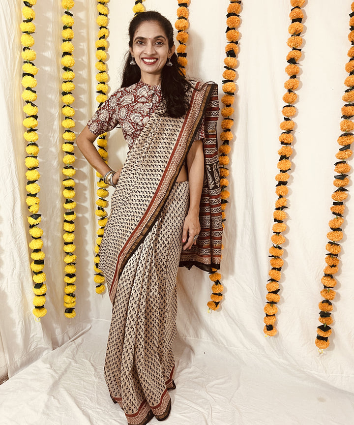 Beige black hand block bagru print chanderi sico saree