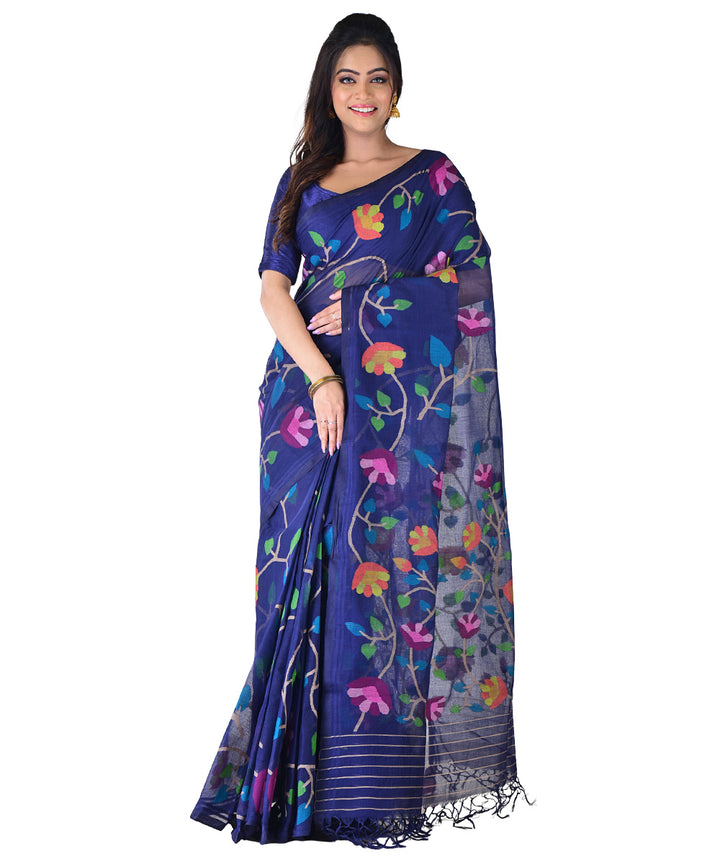 Navy blue multicolor handwoven cotton saree