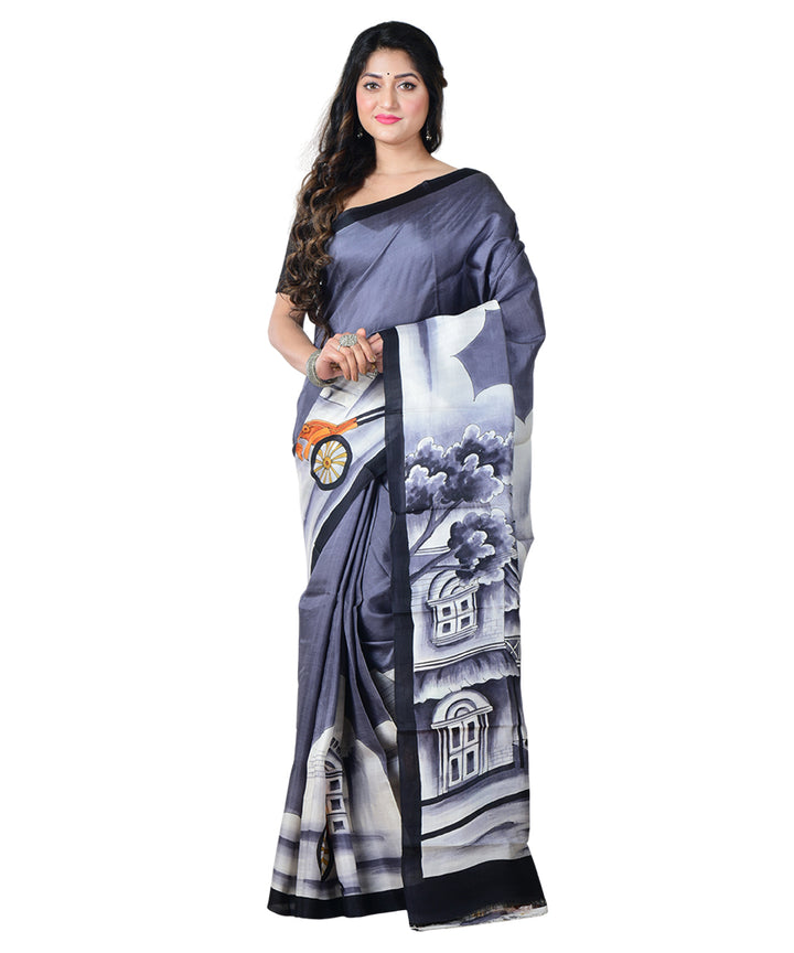Grey white  hand painted silk saree