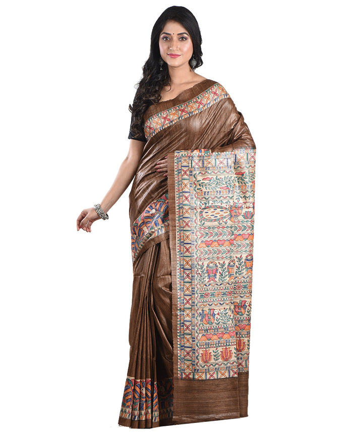 Brown multicolor handloom tussar silk madhubani painting saree