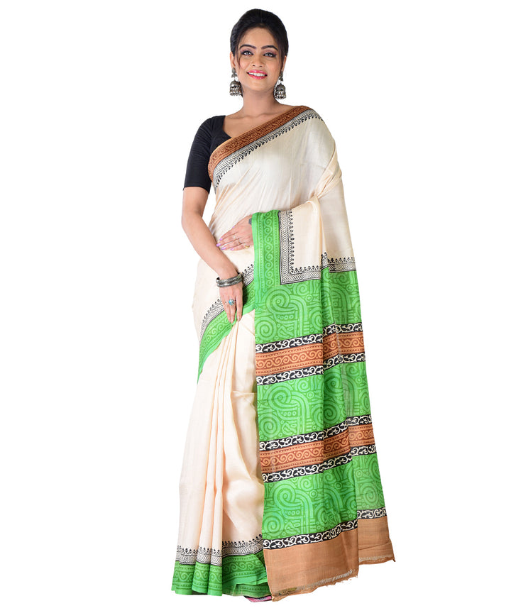 White light green hand printed silk saree