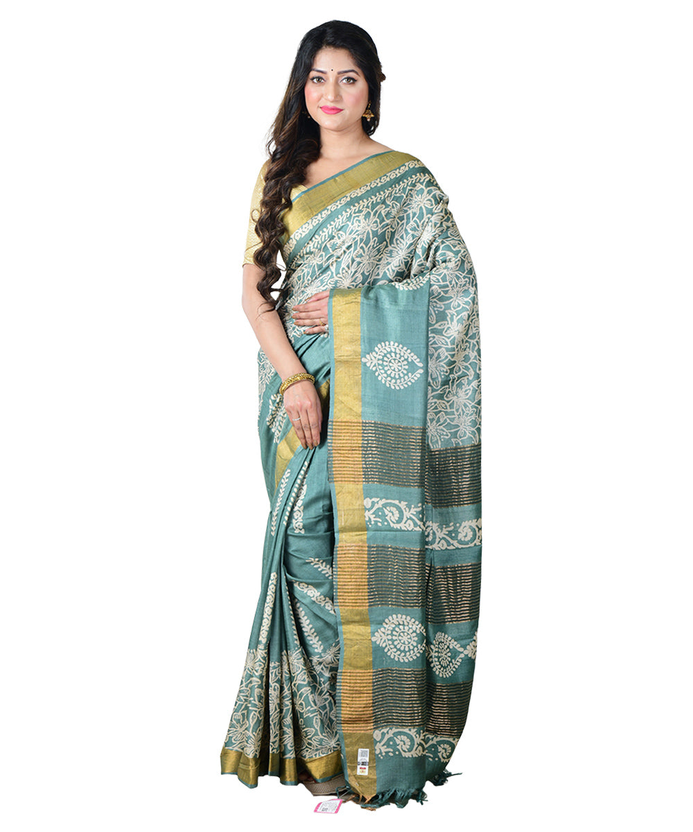 Cyan blue white block print handprinted tussar silk saree