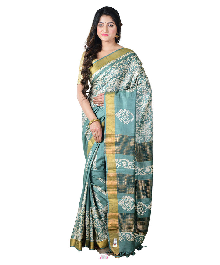 Cyan blue white block print handprinted tussar silk saree