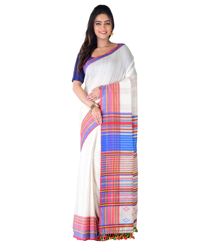 White multicolor handloom cotton saree