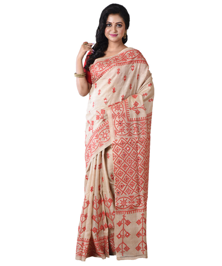 Beige red hand kantha stitched tussar silk saree