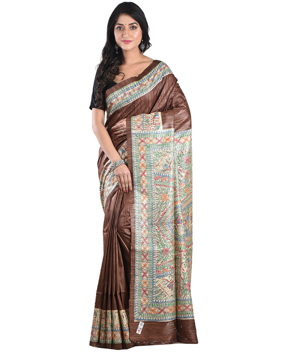 Brown multicolor handloomtussar silk madhubani painting saree