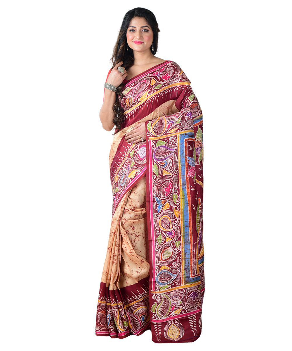 Brown multicolor batik print handprinted silk saree