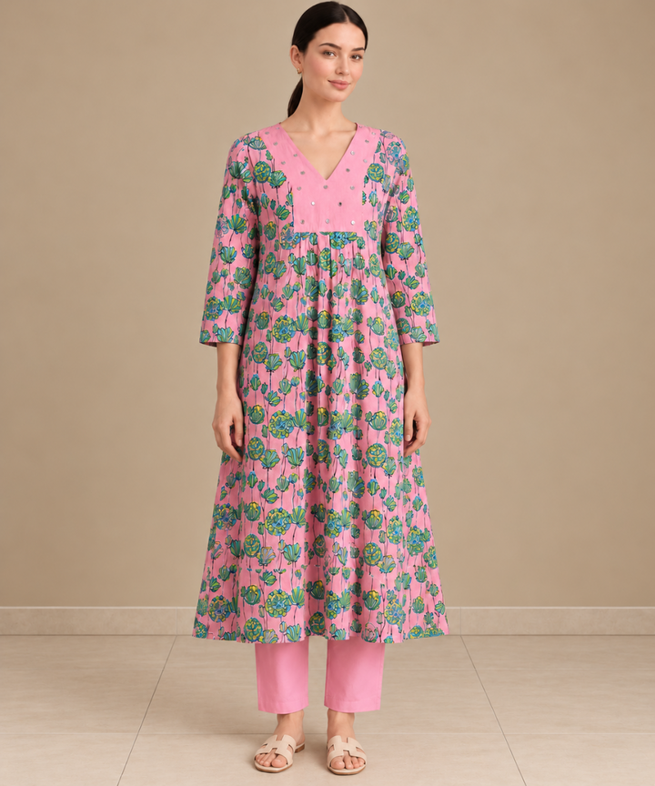 Pink lotus hand block printed A line cotton kurta set