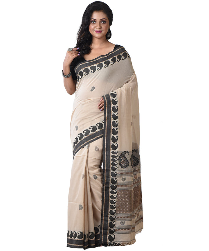 Beige black cotton handloom shantipuri saree