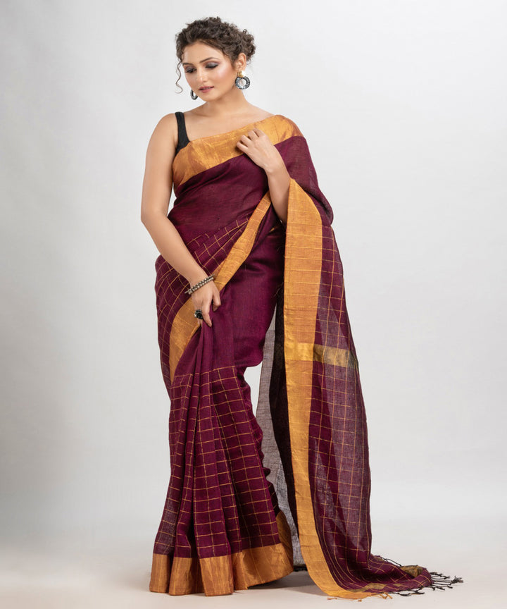 Maroon cheks handloom bengal linen saree
