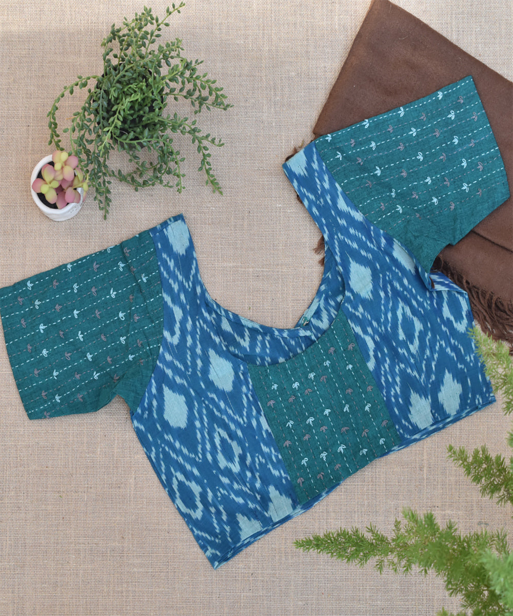 Green handwoven ikat embroidered blouse