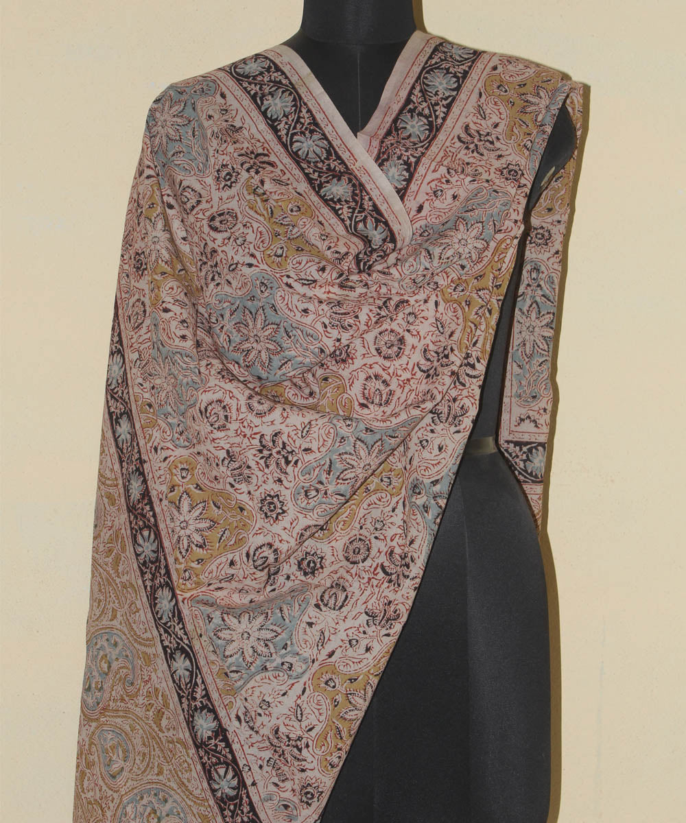 Beige multicolor cotton kalamkari dupatta