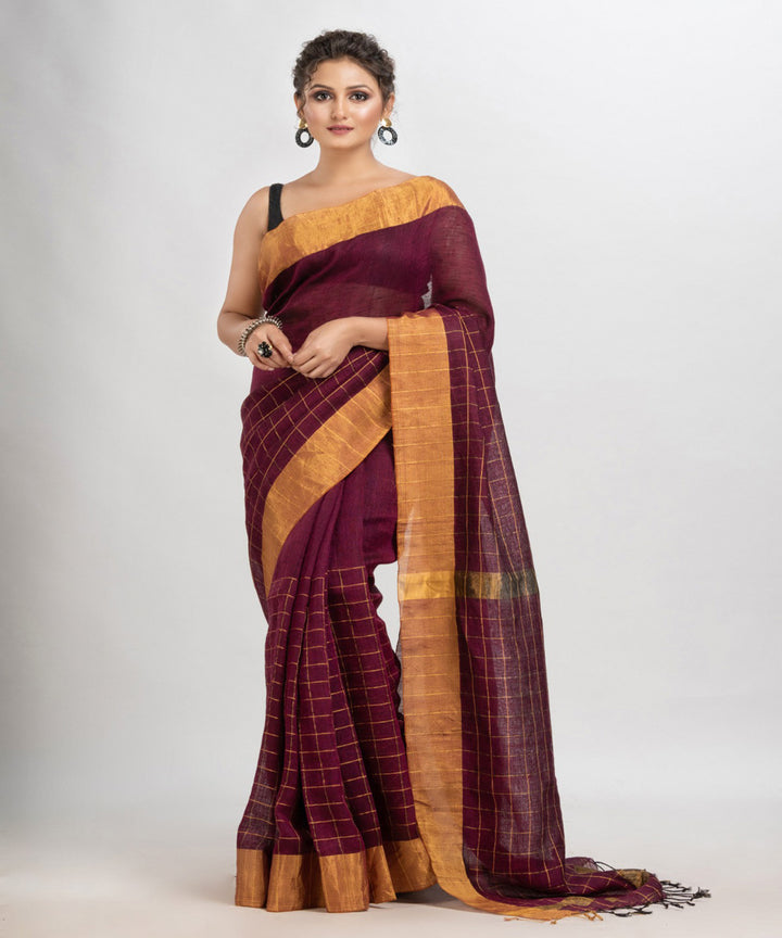 Maroon cheks handloom bengal linen saree