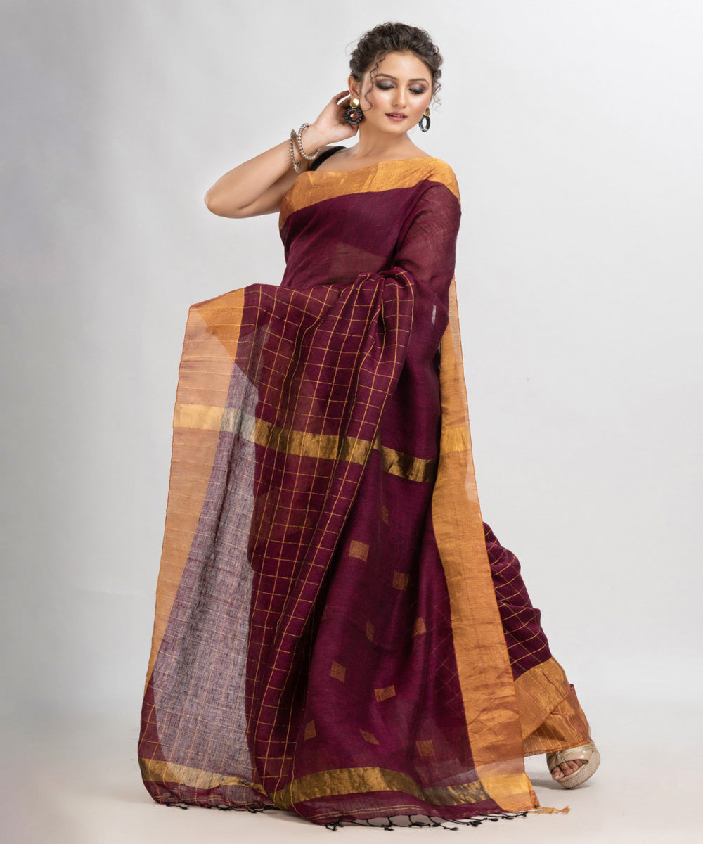 Maroon cheks handloom bengal linen saree