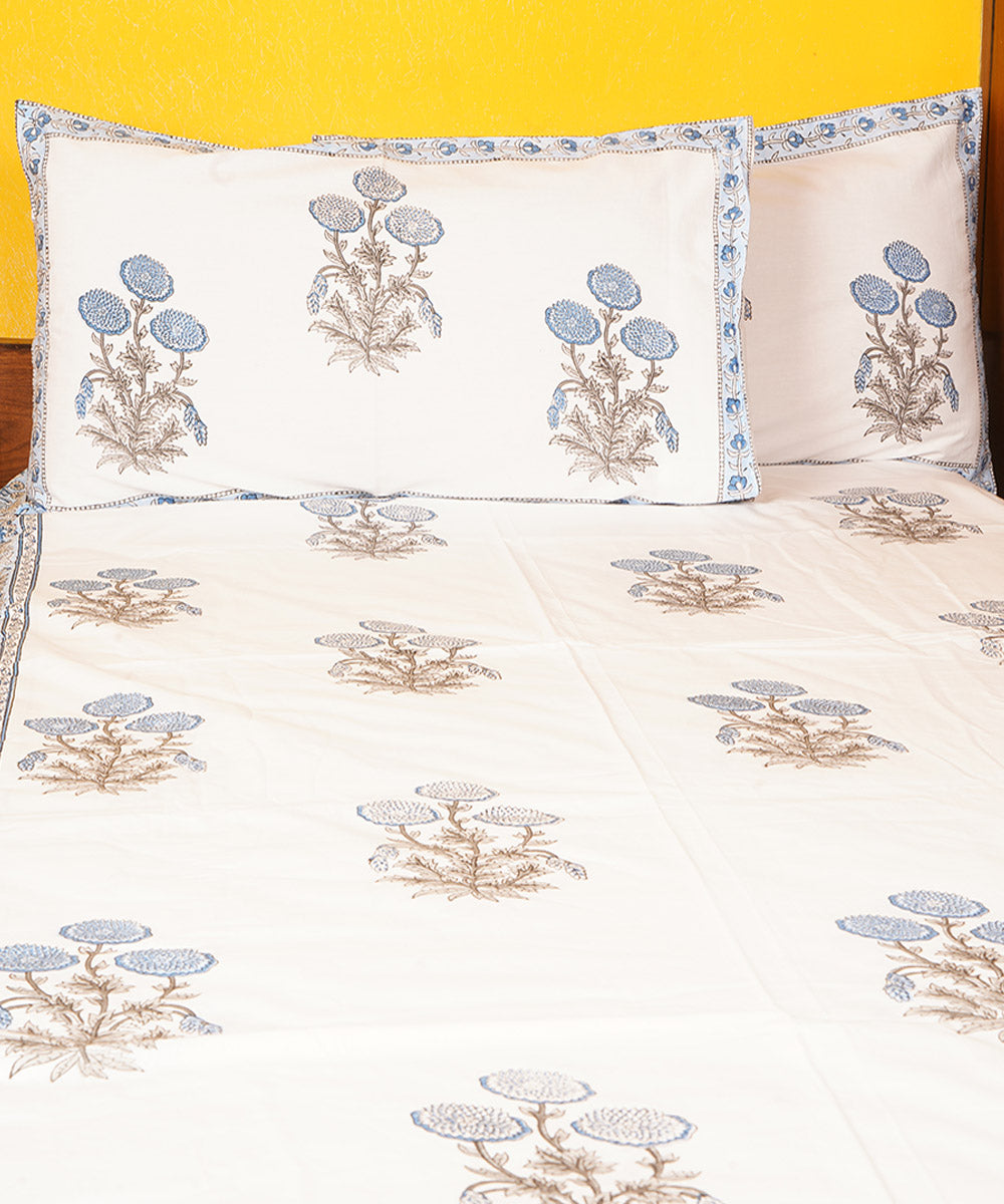 White blue hand block printed cotton double bedsheet