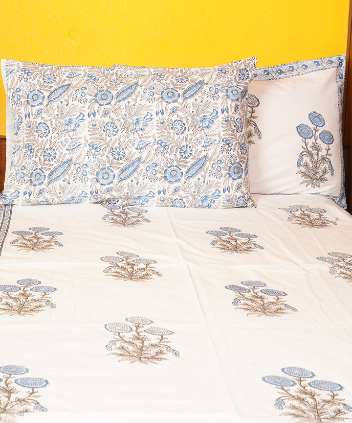 White blue hand block printed cotton double bedsheet