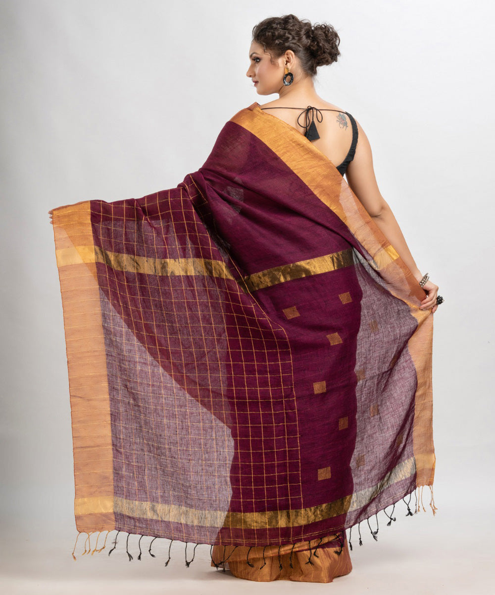 Maroon cheks handloom bengal linen saree