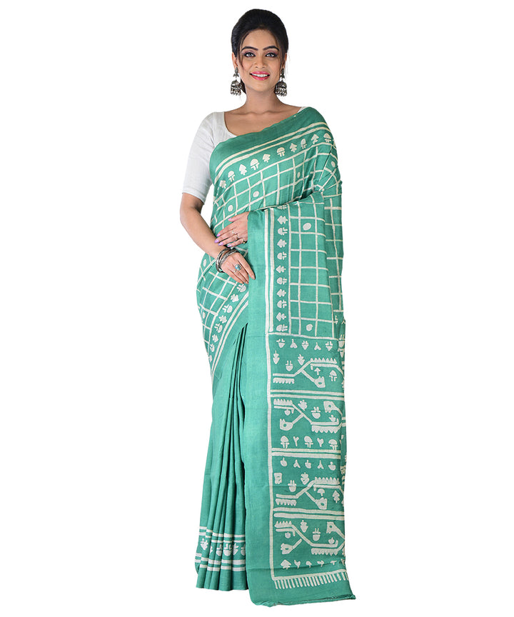 Light green white hand printed silk saree