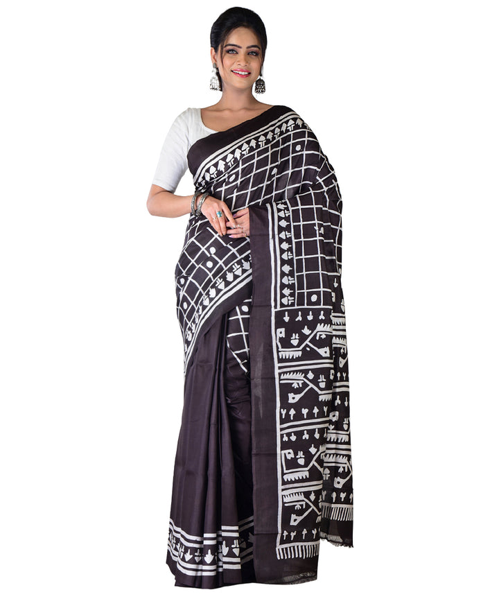 Black offwhite hand batik printed silk saree