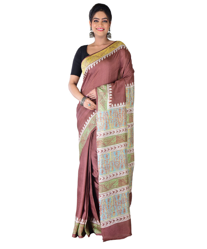 Brown multicolor silk hand printed saree