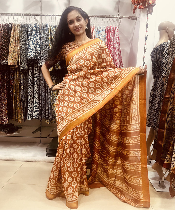 Rust hand block bagru printed maheswari sico saree