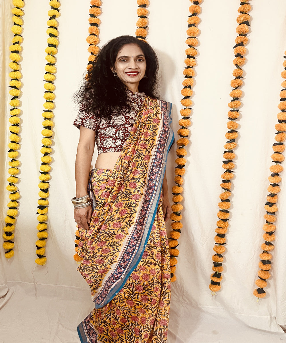 Yellow hand block sanganeri print chanderi sico saree