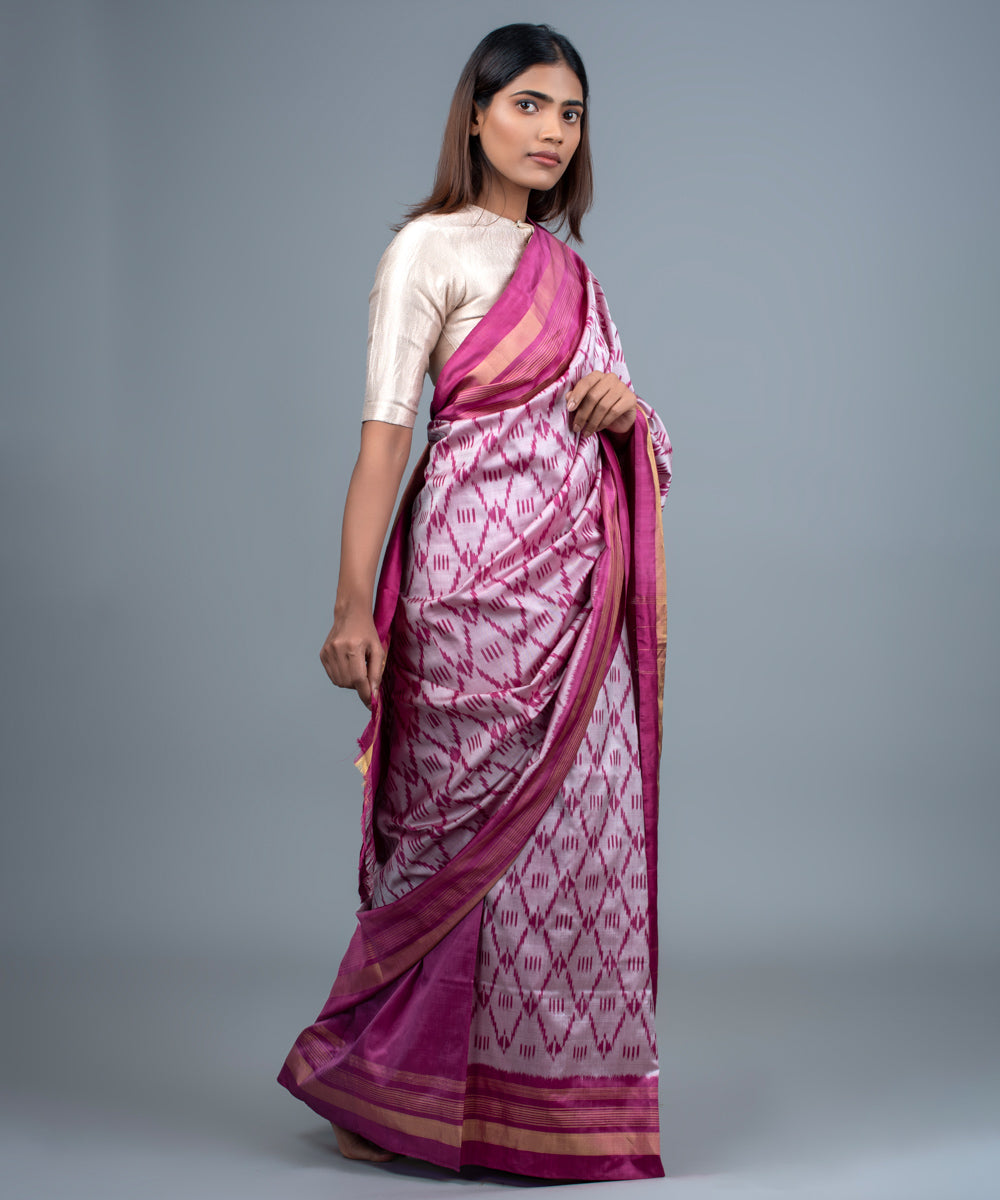 White pink handwoven pochampally ikat saree