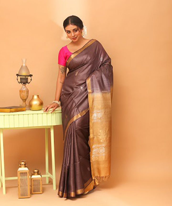 Deep brown yellow chhattisgarh handloom jala tussar silk saree