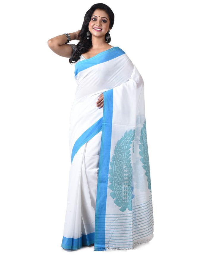 White cyan blue handloom cotton shantipuri saree